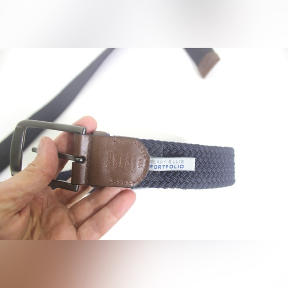 Dark Blue Stretch Belt with Dark Brown Leather Silver Buckle, Leather Detail - Picture 8 of 8